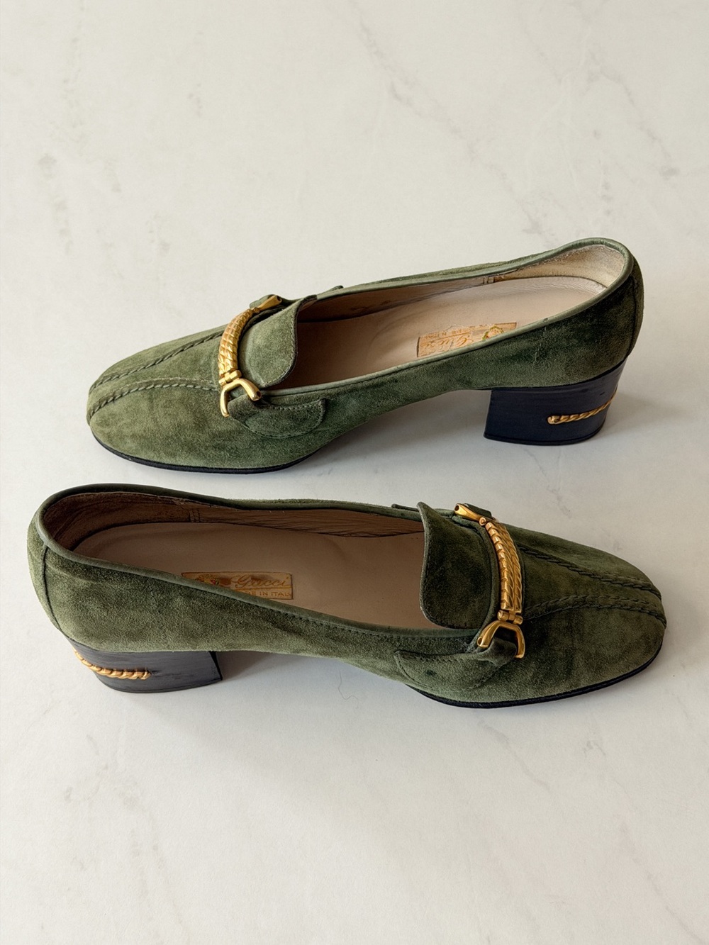 Vintage Gucci Green Suede Horsebit Block Heel Loafers - Picture 4 of 12